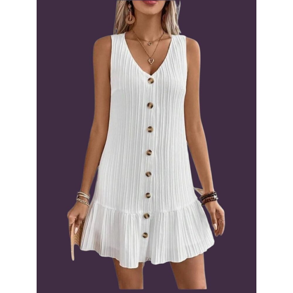 Sleeveless  Button-Down Mini Dress With Ruffle Casual Dress Fashion Size Large